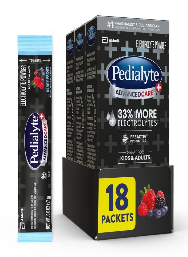 Pedialyte AdvancedCare Plus Electrolyte Powder, Has 33% More Electrolytes and PreActiv Prebiotics, Berry Frost, 18 Powder Packets - Image 1