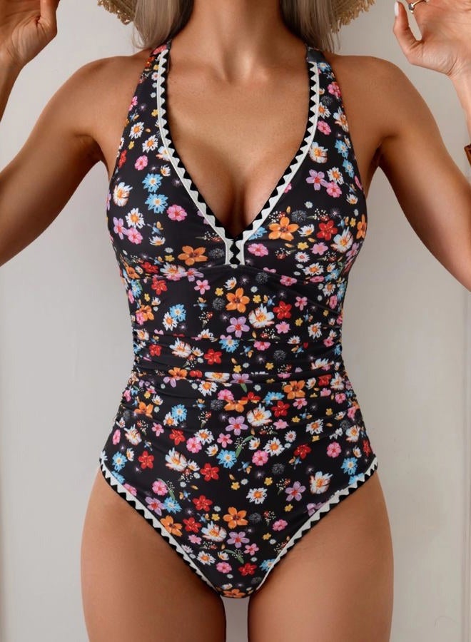 B2prity One Piece Swimsuit for Women Tummy Control Ruched Bathing Suit Push Up Tie Back Swimwear Shell Stitched, Colorful Floral, XL - Image 4