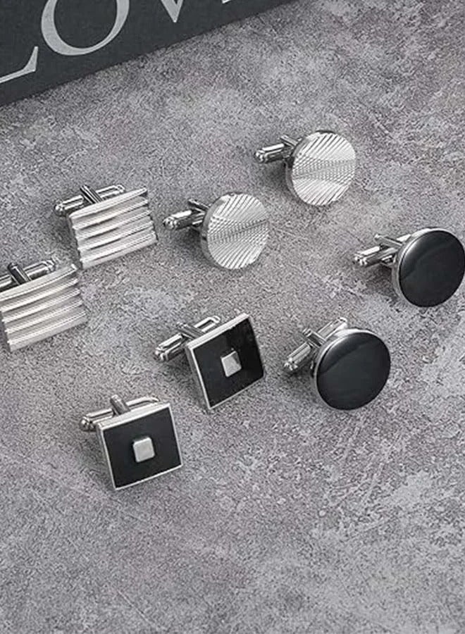 8 Pcs Cuff Links Mens Cufflinks Classic Silver Black Cufflinks Striped Round Square Rectangle Cuff Links for Shirt Suit Tuxedo Wedding Groom Elegant Gift - Image 3