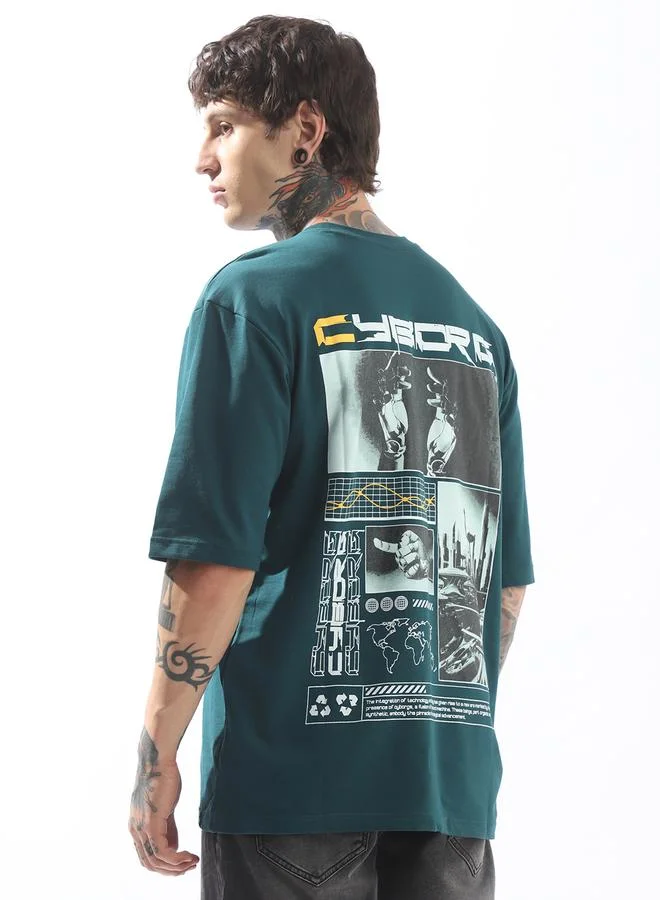 Hubberholme Men Cyborg Graphic Printed Round Neck Cotton Oversized T-shirt