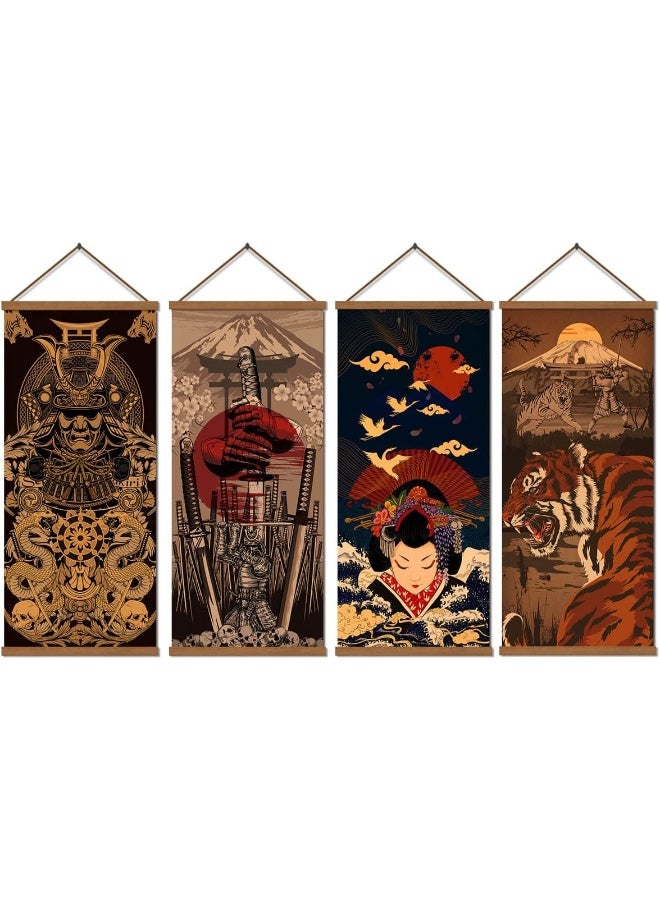 WEROUTE Warrior's Dreams Canvas Wall Art Print Poster Armored Helmet Samurai spirit with Scroll Wood Framed Ready to Hanger Home Karate Hall Sushi Restaurant Decor 16”x35” (4pcs japan poster) - Image 1