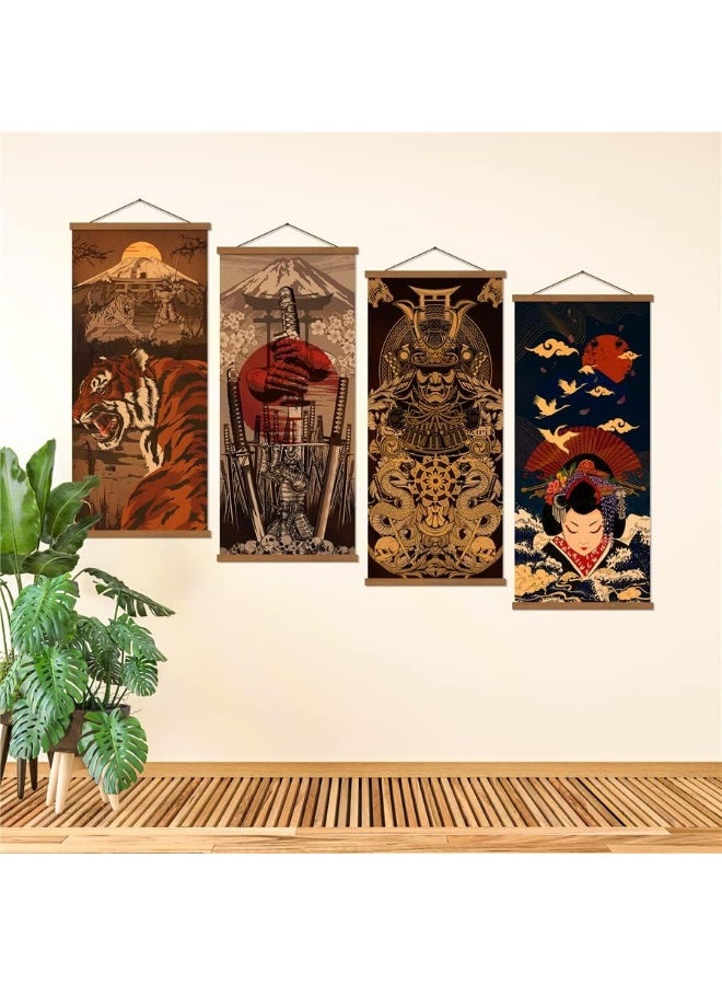 WEROUTE Warrior's Dreams Canvas Wall Art Print Poster Armored Helmet Samurai spirit with Scroll Wood Framed Ready to Hanger Home Karate Hall Sushi Restaurant Decor 16”x35” (4pcs japan poster) - Image 2