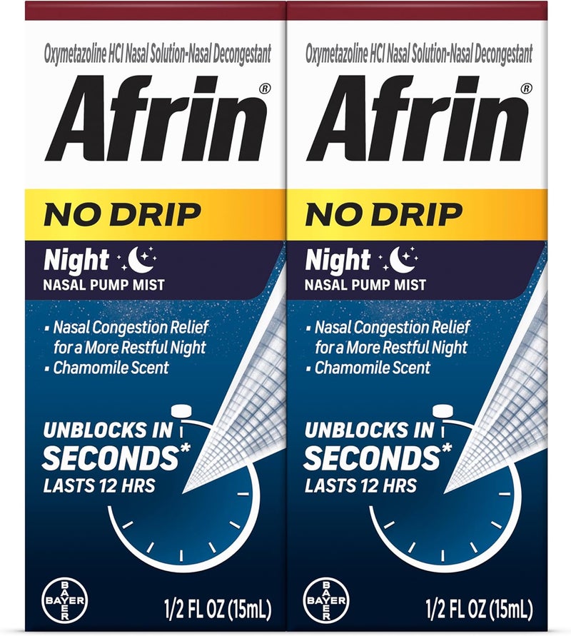 AFRIN No Drip Night Nasal Mist Twin Pack, Non-Drowsy, Fast-Acting Decongestant for Restful Sleep with Chamomile Scent, Adults and Children 6 and Older, .5 fl oz (Pack of 2)