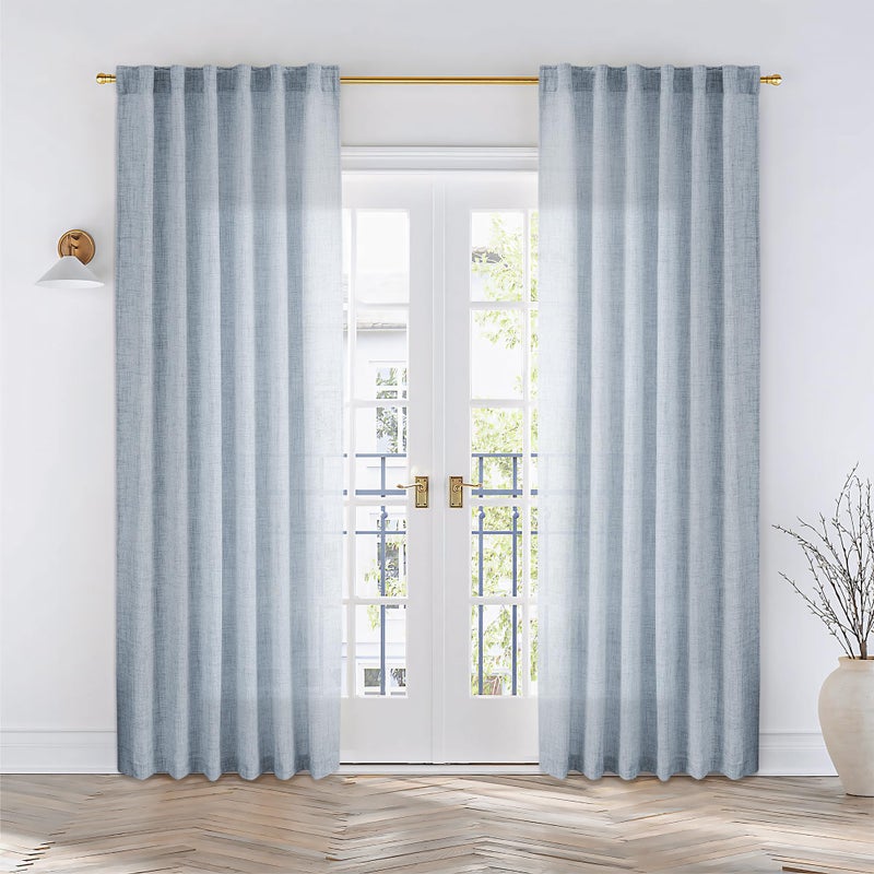MEETBILY Dusty Blue Linen Curtains 84 Inches Long for Living Room 2 Panels Set Back Tab Farmhouse Boho Light Filtering Semi Sheer Stone Blue Curtains Grey Blue Drapes for Bedroom Vintage Country Decor - Image 1