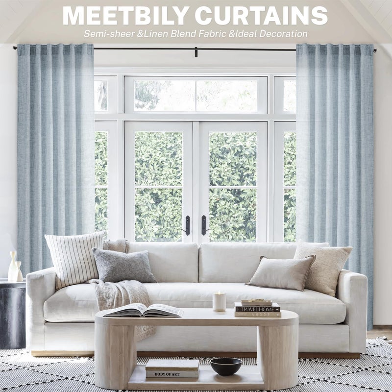 MEETBILY Dusty Blue Linen Curtains 84 Inches Long for Living Room 2 Panels Set Back Tab Farmhouse Boho Light Filtering Semi Sheer Stone Blue Curtains Grey Blue Drapes for Bedroom Vintage Country Decor - Image 4