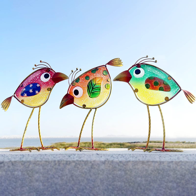 LEGIFO Garden Decor for Outside,Funny Metal & Glass Bird Decor for Indoor & Outdoor Set of 3,Yard Art Decor,Garden Art Statues Decorations,Colorful and Patriotic - Image 1