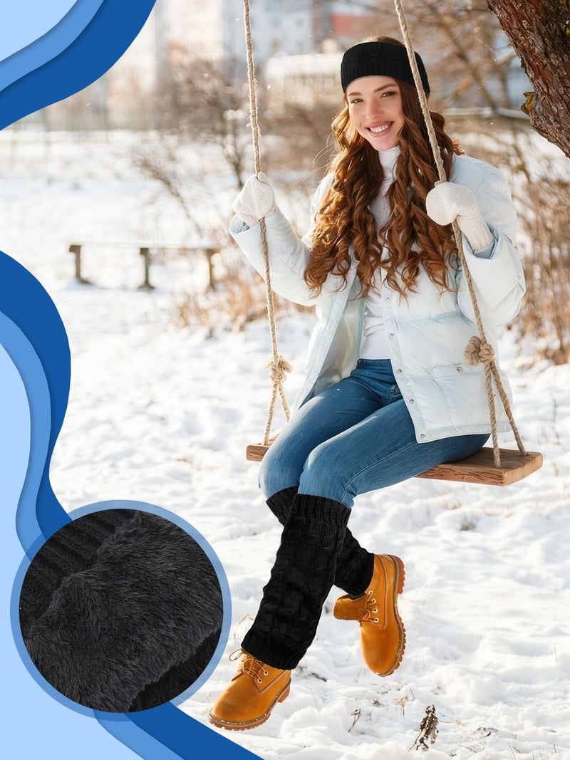 BOARDFEB 2 Pack Winter Fleece Lined Leg Warmers and Headband Set, Knit Long Leg Twisted Headband Warm Fleece Boot Socks for Skating Daily Wearï¼ˆBlackï¼‰ - Image 2