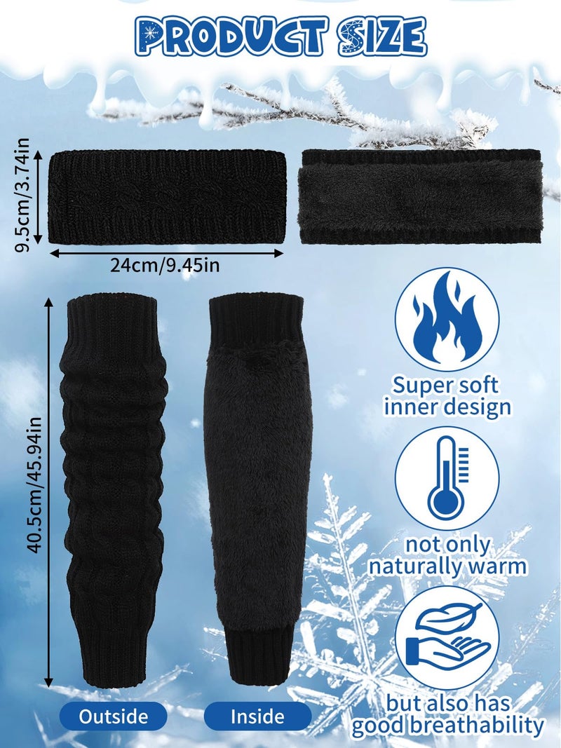 BOARDFEB 2 Pack Winter Fleece Lined Leg Warmers and Headband Set, Knit Long Leg Twisted Headband Warm Fleece Boot Socks for Skating Daily Wearï¼ˆBlackï¼‰ - Image 3