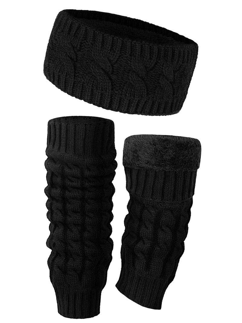 BOARDFEB 2 Pack Winter Fleece Lined Leg Warmers and Headband Set, Knit Long Leg Twisted Headband Warm Fleece Boot Socks for Skating Daily Wearï¼ˆBlackï¼‰ - Image 1