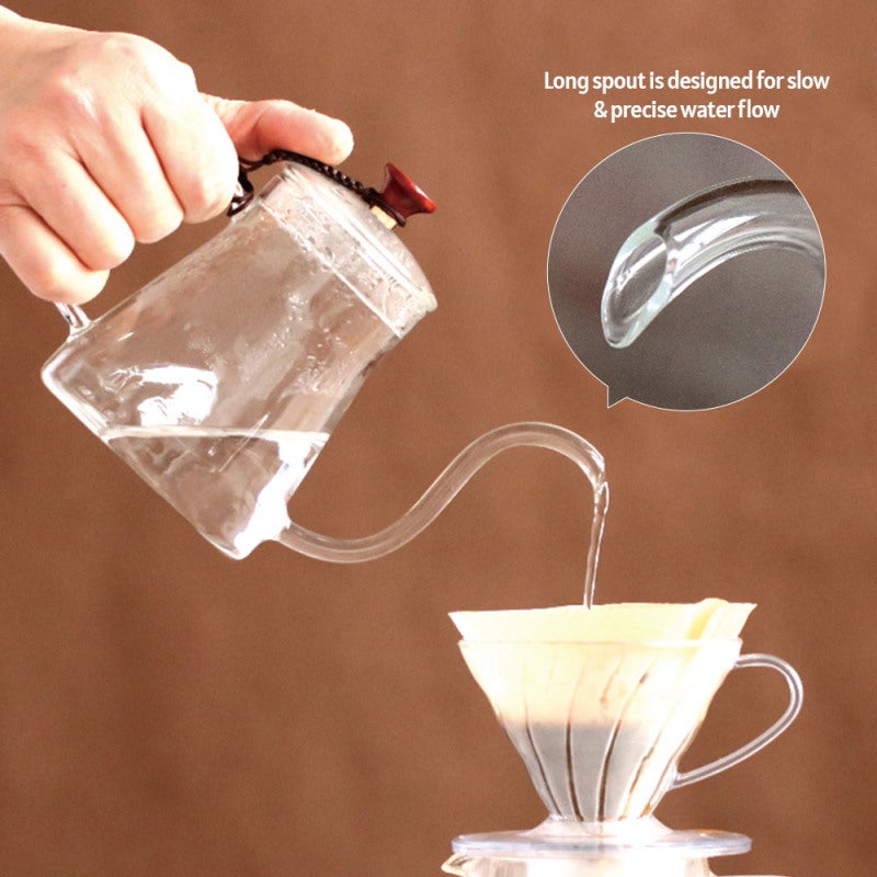 Stovetop Glass Kettle: 20oz Borosilicate Glass With Ergonomic Wood Handle - Slow Precise Pour Spout for Home Kitchen Tea Coffee Brewing - Image 3