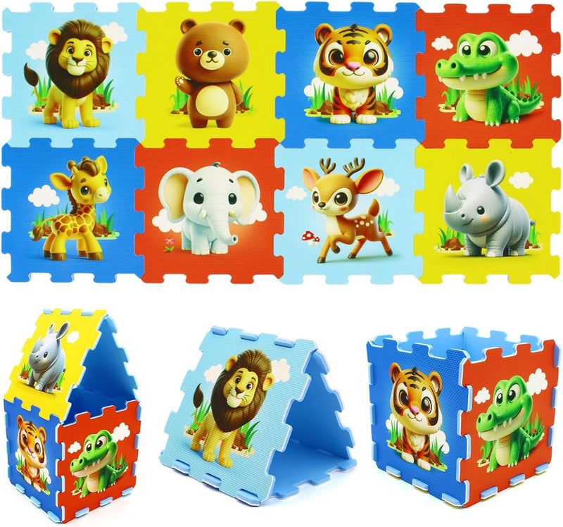 GLACER Kids Foam Puzzle Play Mat, 8-Piece Interlocking Baby Floor Puzzle Tiles w/Educational Animal Patterns, Non-Slip Waterproof Foam Crawling Mat for Toddler Playroom, 12" x 12", Colorful - Image 1