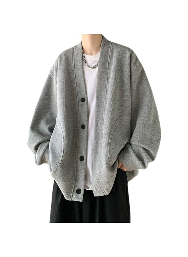 Popular European Size Large Cardigan Jacket Sweatshirt Men's Large V-neck Outer Wear Waffle Hong Kong Trend