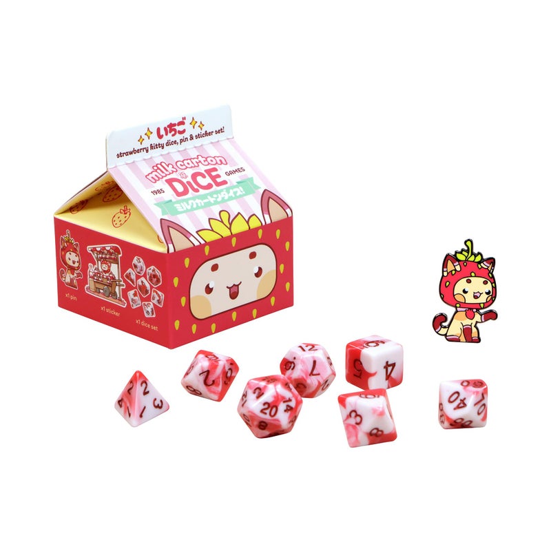 1985 Games Strawberry Kawaii Cat Dice Set Milk CartonInspired Dice for DND TTRPGs Tabletop Roleplaying - Image 3