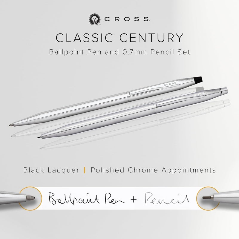 Cross Classic Century Refillable Pen & Pencil Gift Set Presented in a Luxury Gift Box - Medium Point, Black Ink, Lustrous Chrome - Image 2