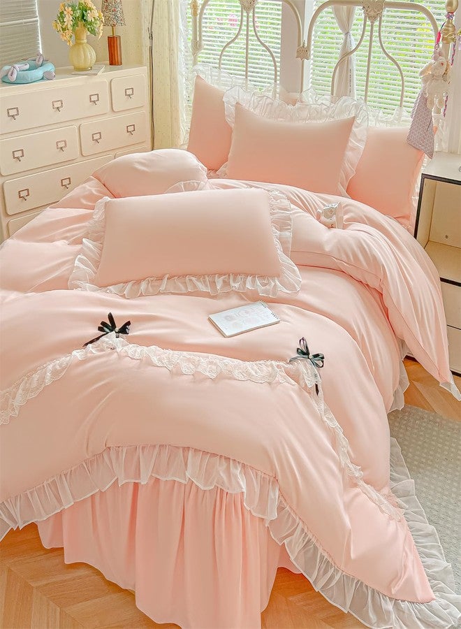 MOOWOO Chic Lace Ruffled Bedding Set with Cute Bowtie,Girls Vctoria Princess Style Bedding-2 Piece Twin Duvet Cover with Zipper Closure -Ultra Soft and Light Weight-No Comforter - Image 2