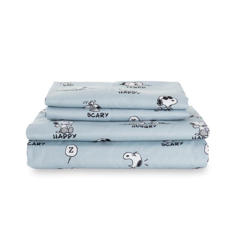 Berkshire Blanket PeanutsÂ® Kids Sheet Set Queen Size - 4 Pieces,Cute Character Snoopy Printed Soft Microfiber Bed Sheets,Peanuts Different Emotion Murky Blue - Image 1