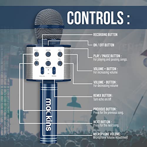 Mockins Navy Bluetooth Karaoke Microphone for Kids with Built in Bluetooth Speaker| Wireless Microphone Karaoke Compatible with iOS & Android| All-in-One Mic - Image 2