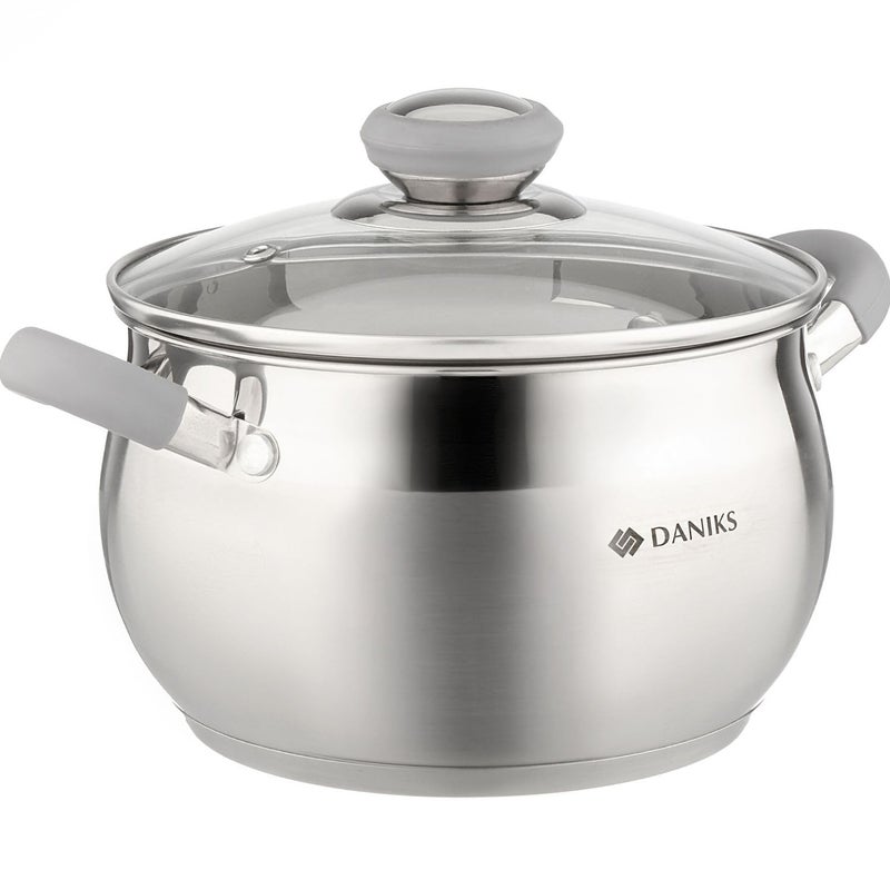 Daniks Modern 3 Quart Stainless Steel Stock Pot with Glass Lid, Tri-Ply Bottom for Even Heating, Induction Compatible, Dishwasher Safe, Heatproof Handles - Image 1