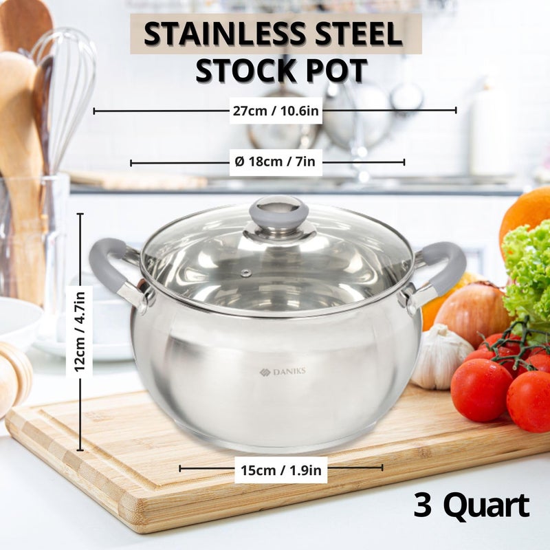 Daniks Modern 3 Quart Stainless Steel Stock Pot with Glass Lid, Tri-Ply Bottom for Even Heating, Induction Compatible, Dishwasher Safe, Heatproof Handles - Image 3