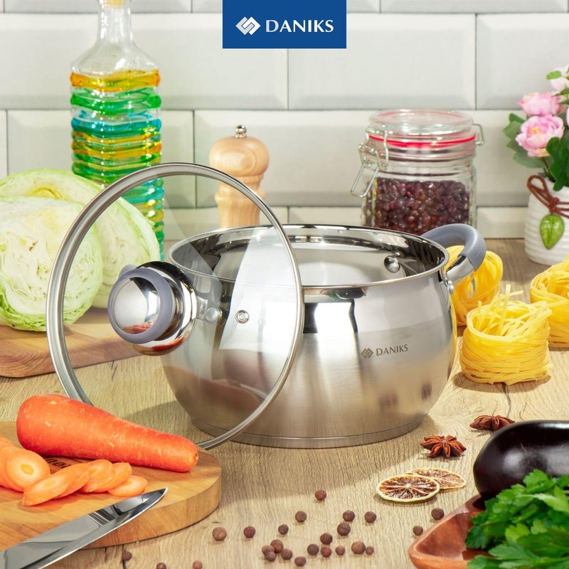 Daniks Modern 3 Quart Stainless Steel Stock Pot with Glass Lid, Tri-Ply Bottom for Even Heating, Induction Compatible, Dishwasher Safe, Heatproof Handles - Image 2