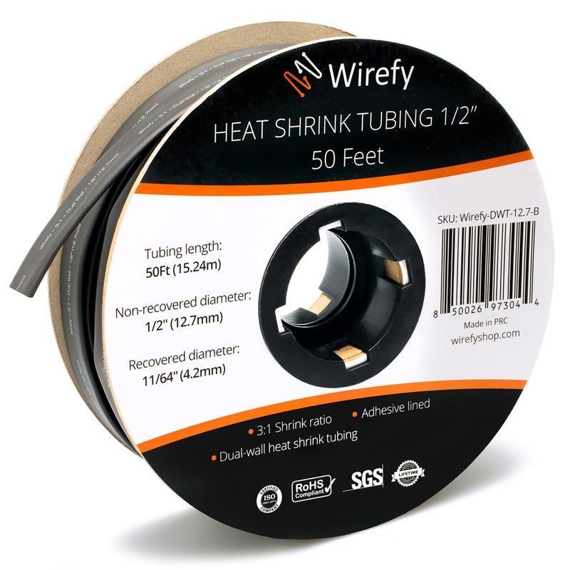 Wirefy Wirefy 1/2" Heat Shrink Tubing - 3:1 Ratio - Adhesive Lined - Marine Grade Heat Shrink - Black - 50 Feet Roll  - Image 1