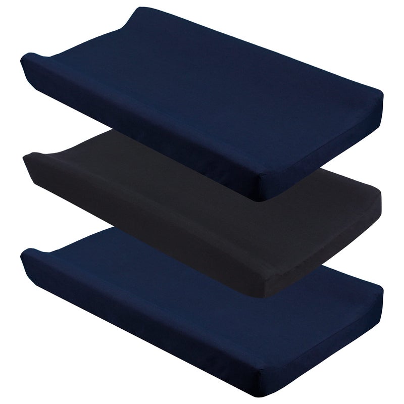 CaSaJa Diaper Changing Pad Cover for Baby Boys Set of 3 Snug Fit 4Sided Contoured Changing Table Pad 16x31 16x32 Fitted Change Pad Sheet Navy Black 100 Silky Soft Breathable Microfiber