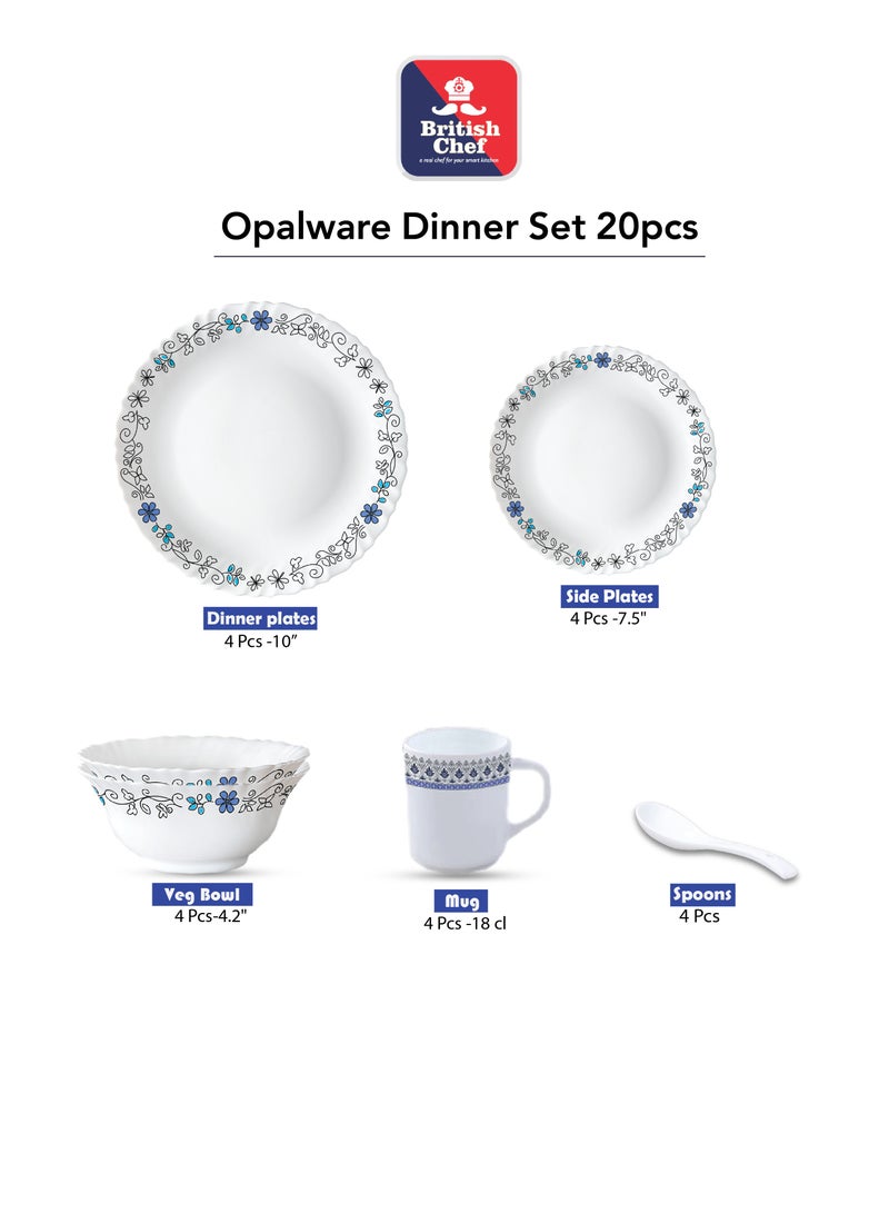 British Chef 20 Pieces Opalware Dinner Set | Microwave & Dishwasher Safe | Blue Iris Dinnerware set with 4-Piece Dinner Plate, 4-Piece Side Plate, 4-Piece Veg Bowl, 4-Piece Mug, 4-Piece Spoons-White - Image 5