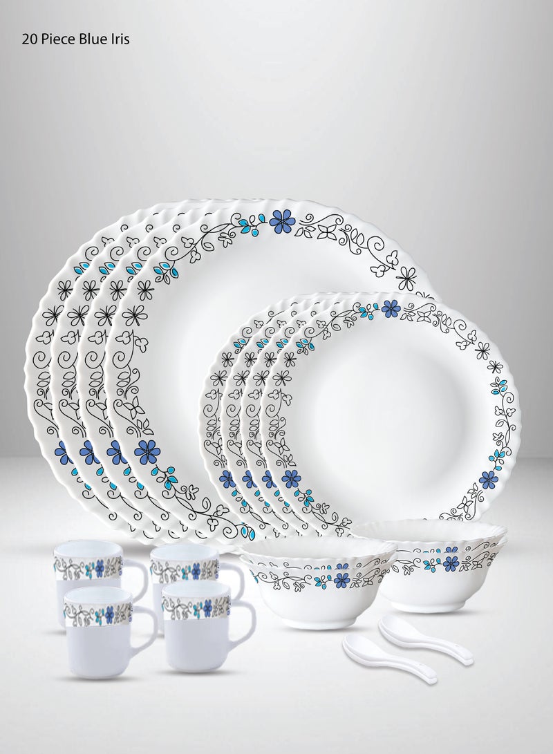 British Chef 20 Pieces Opalware Dinner Set | Microwave & Dishwasher Safe | Blue Iris Dinnerware set with 4-Piece Dinner Plate, 4-Piece Side Plate, 4-Piece Veg Bowl, 4-Piece Mug, 4-Piece Spoons-White - Image 1