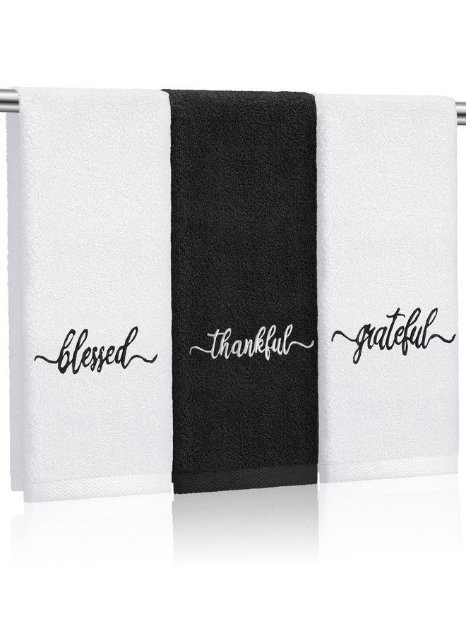 SmoothNovelty 3 Pcs Thanksgiving Black and White Fingertip Towels 100% Cotton Fall Farmhouse Bathroom Hand Towels 12 x 18 in Decorative Embroidery Blessed Thankful Grateful for Gift Home Decor - Image 1