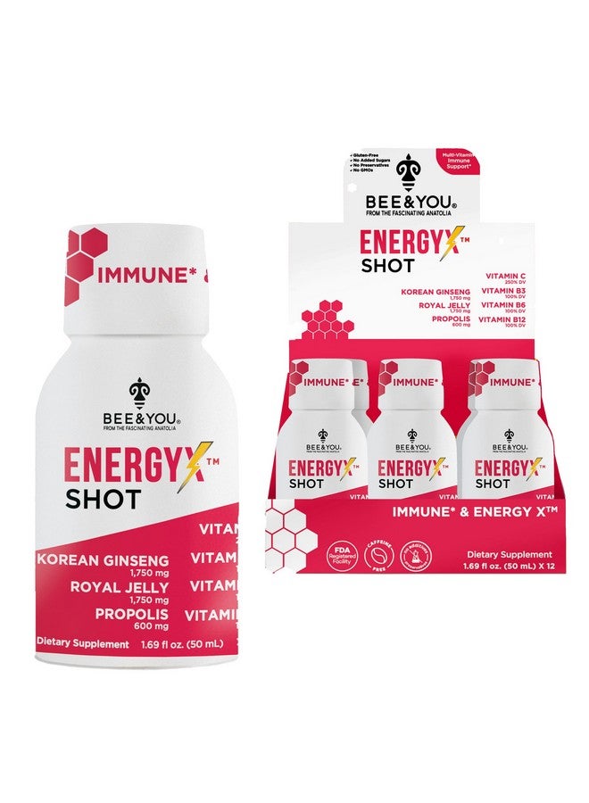 BEE & YOU Bee and You Energy X Shot, 12 Pack, Korean Red Ginseng, Royal Jelly, Propolis, Caffeine Free Energy Drink, Vitamin C, B3, B6, B12, Immune Support Supplement, Antioxidants, Pomegranate Flavor - Image 1