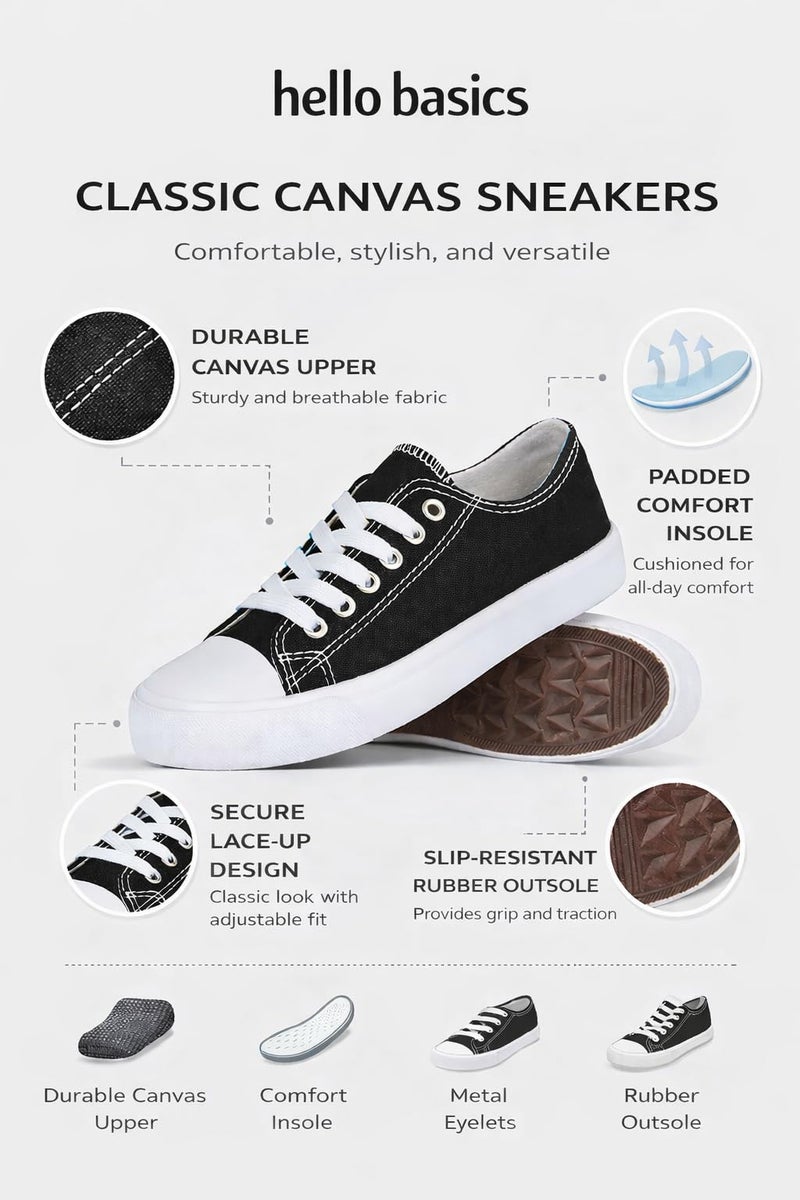 hello basics Canvas Shoes for Women Casual Low Top Black and White Sneakers Fashion Womens Tennis Shoes, Black White, Size 10 - Image 3