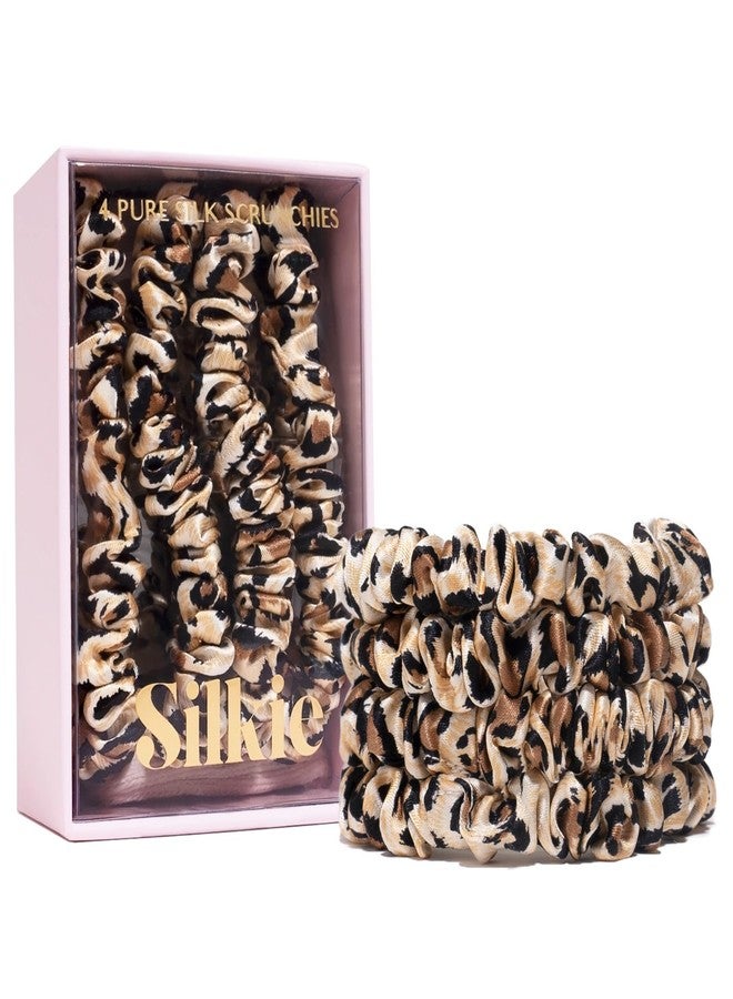 SILKIE x4 Set - Forget Satin - 100% Pure Mulberry Silk Black Brown Leopard Skinny Scrunchies Travel Pouch Everyday Hair Ties Elastics Hair Care Ponytail Holder No Damage (Savannah) - Image 1