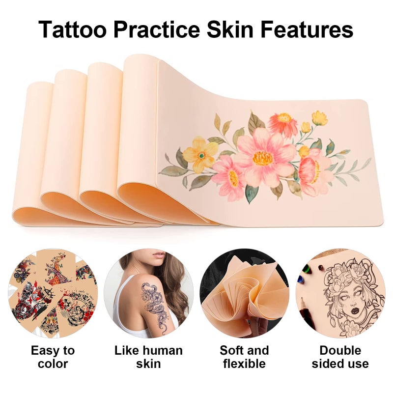 Autdor 614Pcs Tattoo Skin Practice Kit for Beginners - Autdor Professional Training Set Include 10 Realistic Fake Skin Sheets with 50 Transfer Paper 300 Ink Caps 200 Machine Covers 4 Grip Tape 50 Dental Bibs - Image 3