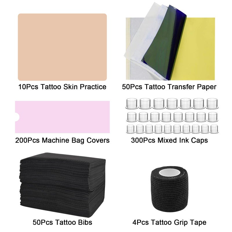 Autdor 614Pcs Tattoo Skin Practice Kit for Beginners - Autdor Professional Training Set Include 10 Realistic Fake Skin Sheets with 50 Transfer Paper 300 Ink Caps 200 Machine Covers 4 Grip Tape 50 Dental Bibs - Image 2