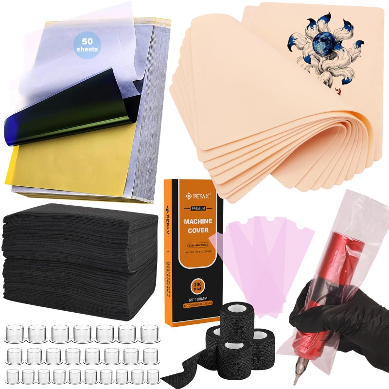 Autdor 614Pcs Tattoo Skin Practice Kit for Beginners - Autdor Professional Training Set Include 10 Realistic Fake Skin Sheets with 50 Transfer Paper 300 Ink Caps 200 Machine Covers 4 Grip Tape 50 Dental Bibs - Image 1