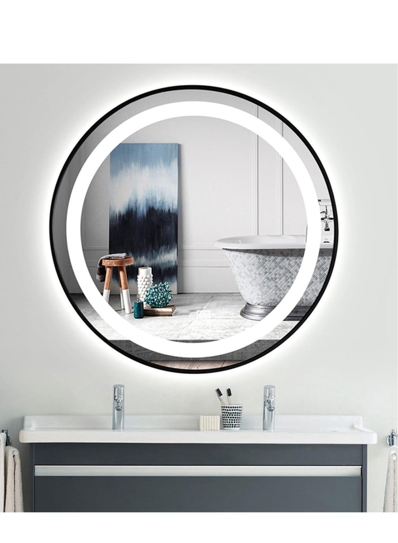 LED Backlit Round Bathroom Vanity Mirror, 70x70cm Anti-Fog Circle Wall-Mounted Mirror, Dimmable Makeup Mirror with Lights, Touch Screen LED Mirror with Adjustable Brightness, Illuminated Mirror for Bedroom, Dressing Room, Powder Room, Stylish and Functional Home Decor, Waterproof, Energy-Efficient LED Lighting, Elegant Frameless Design for Modern Bathrooms