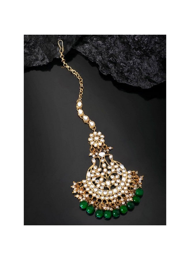 Peora Traditional Gold Plated Kundan Green Maang Tikka Matha Patti for Women - Image 2