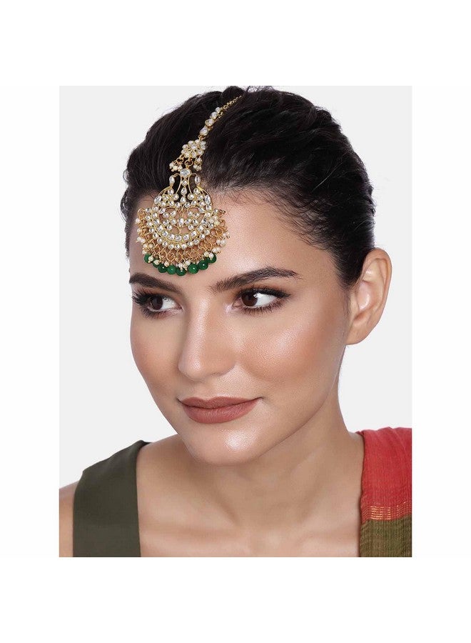 Peora Traditional Gold Plated Kundan Green Maang Tikka Matha Patti for Women - Image 3
