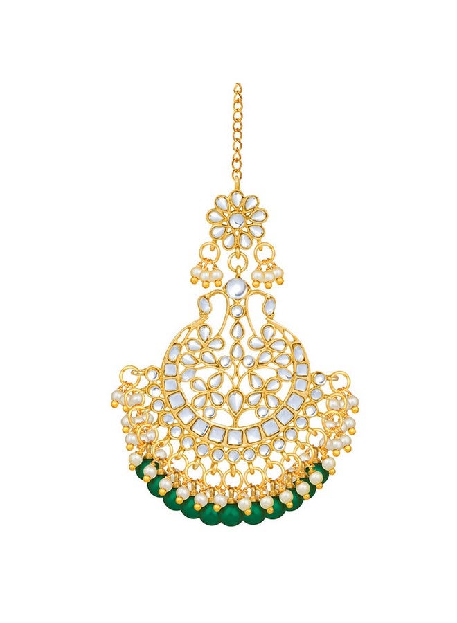 Peora Traditional Gold Plated Kundan Green Maang Tikka Matha Patti for Women - Image 1