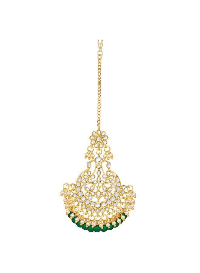 Peora Traditional Gold Plated Kundan Green Maang Tikka Matha Patti for Women - Image 4