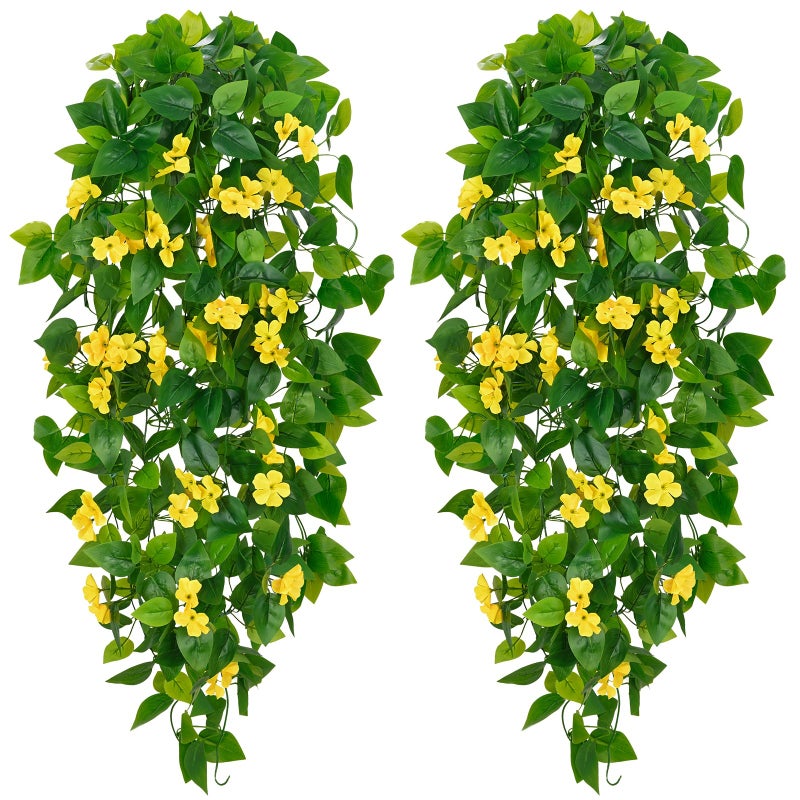 BLEUM CADE Fake Hanging Plants, 2pcs Artificial Hanging Plant, Faux Pothos Vines with Flowers Greenery for Wall Home Living Room Indoor Outdoor Decor (No Baskets, Yellow) - Image 1