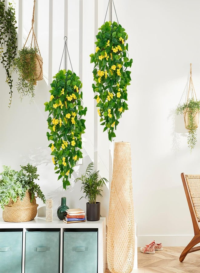 BLEUM CADE Fake Hanging Plants, 2pcs Artificial Hanging Plant, Faux Pothos Vines with Flowers Greenery for Wall Home Living Room Indoor Outdoor Decor (No Baskets, Yellow) - Image 4