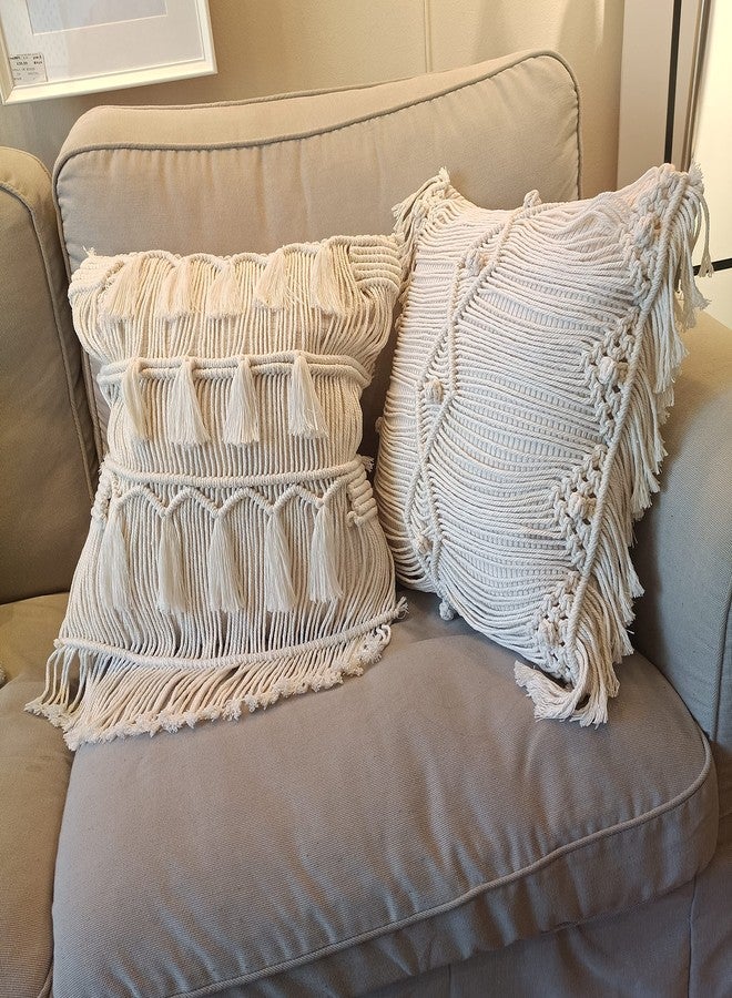 kiido Throw Pillow Covers Macrame Cushion Case Woven Boho Comfy Square Pillow Cases with Tassels Set of 2 Decorative Pillowcase (17X17) AB Style - Image 3