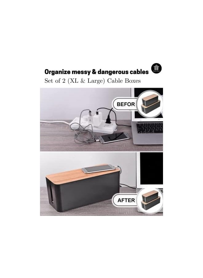 PROMASS - Cable Management Boxes Set of 2 Large Extension Cable Organizer Box with Slotted Top for Heads Up Display - Elegant, Strong, High Utility (Combo (XL + Large), Black Bamboo) - Image 1