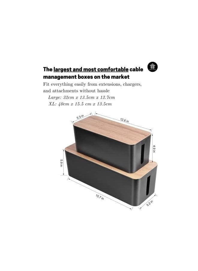 PROMASS - Cable Management Boxes Set of 2 Large Extension Cable Organizer Box with Slotted Top for Heads Up Display - Elegant, Strong, High Utility (Combo (XL + Large), Black Bamboo) - Image 1