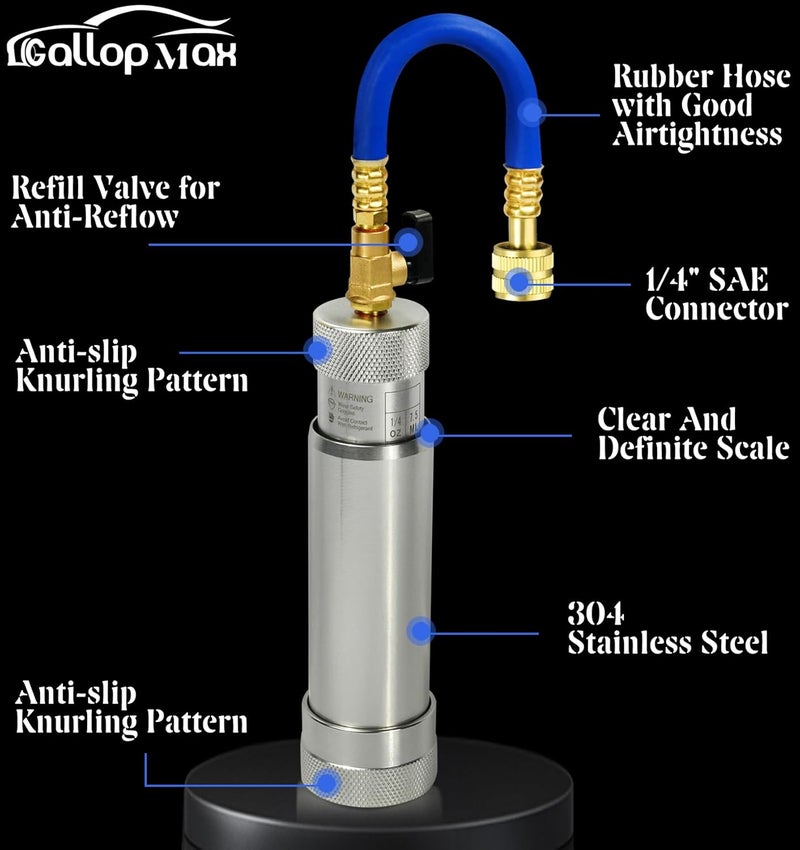 GallopMax R1234YF & R134A AC Oil Dye Injector Kit with Quick Couplers and Measuring Cup - Image 4