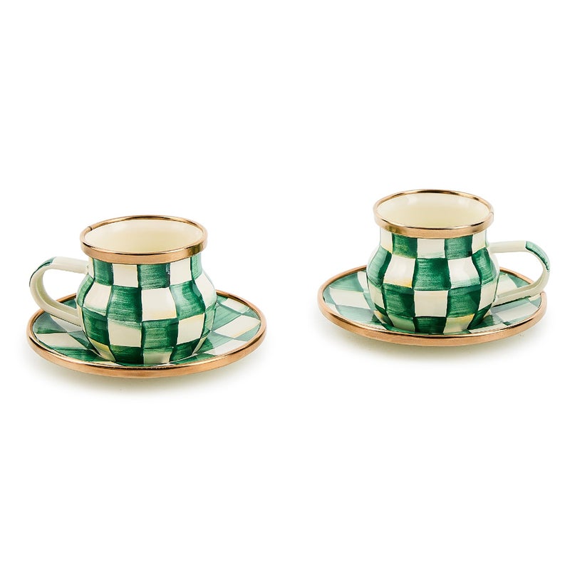 mackenzie childs MACKENZIE-CHILDS Espresso Cup and Saucer Set, Cute Small Coffee Cups and Saucers, Set of 2, Green-and-White Emerald Check - Image 1