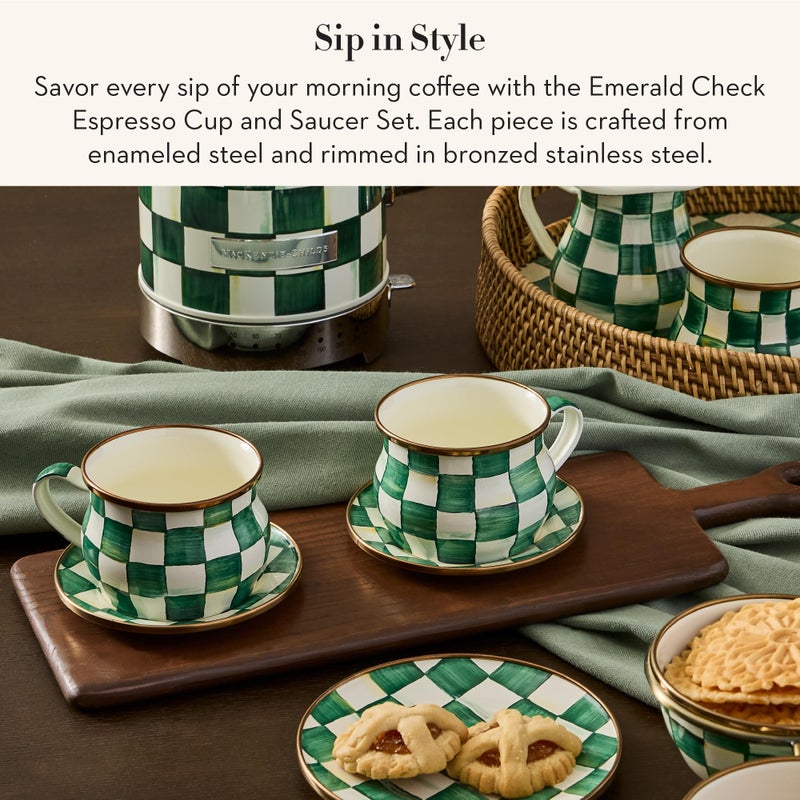mackenzie childs MACKENZIE-CHILDS Espresso Cup and Saucer Set, Cute Small Coffee Cups and Saucers, Set of 2, Green-and-White Emerald Check - Image 2
