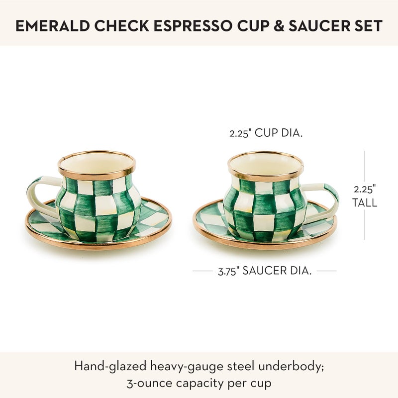 mackenzie childs MACKENZIE-CHILDS Espresso Cup and Saucer Set, Cute Small Coffee Cups and Saucers, Set of 2, Green-and-White Emerald Check - Image 4