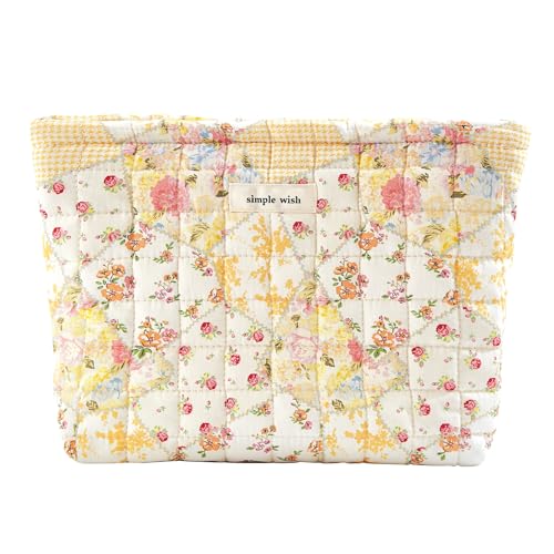 Sminra Floral Makeup Bag Large Cotton Quilted Cosmetic Makeup Bag Organizer, Aesthetic Portable Pouch Purse Toiletry Bag for Women Girls Travel accessories (Beige Floral-L) - Image 1